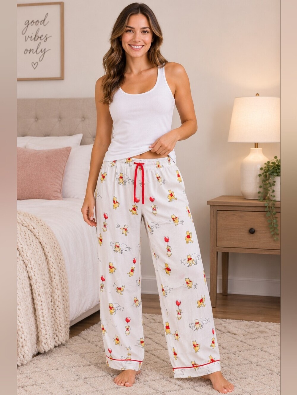 Disney Winnie the Pooh Pajama Pants XL White Red Balloon Lounge Sleepwear